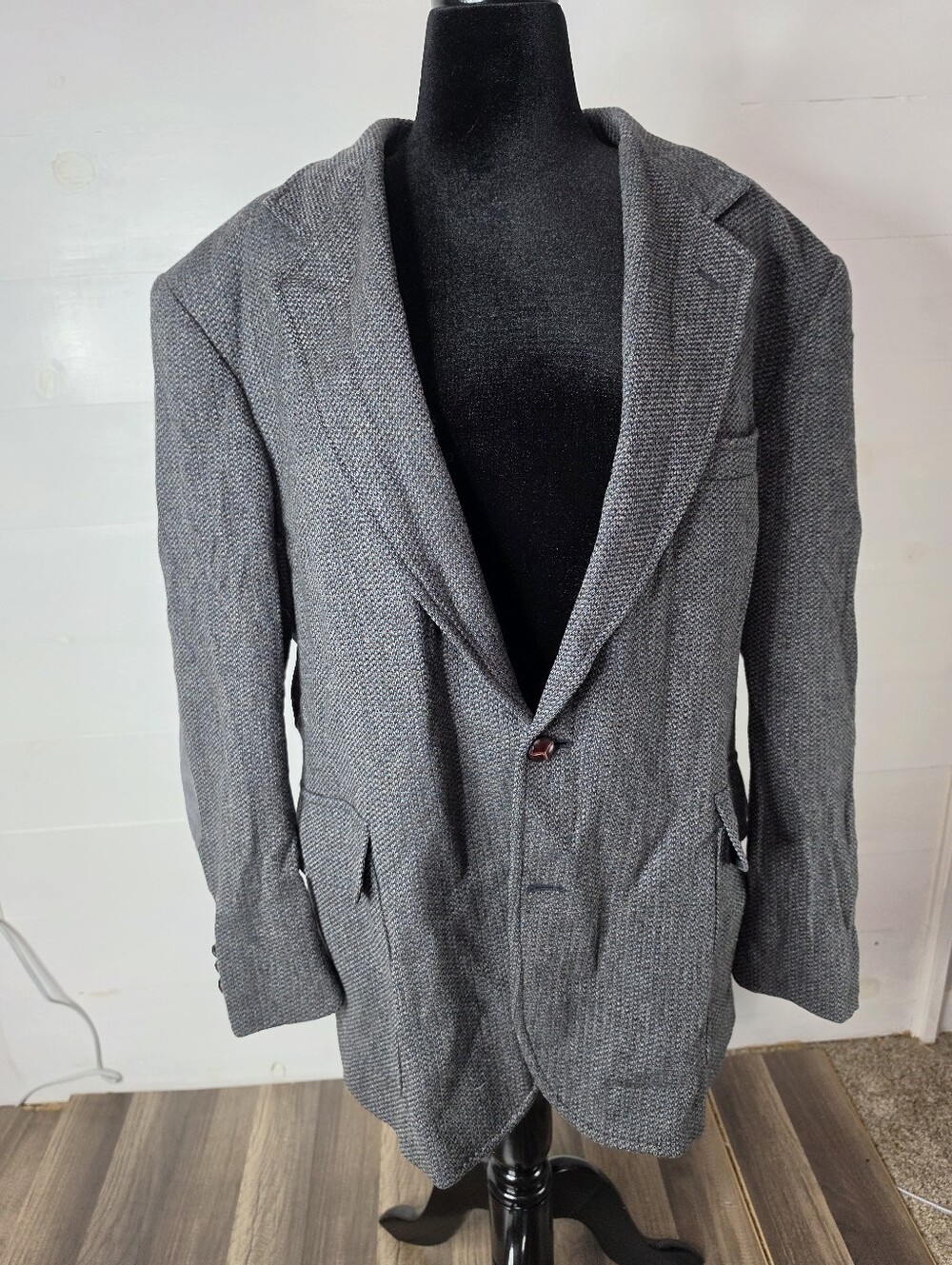 Vintage Pendleton Pure Virgin Wool Tweed Blazer Sport Coat Elbow Patches Gray 46